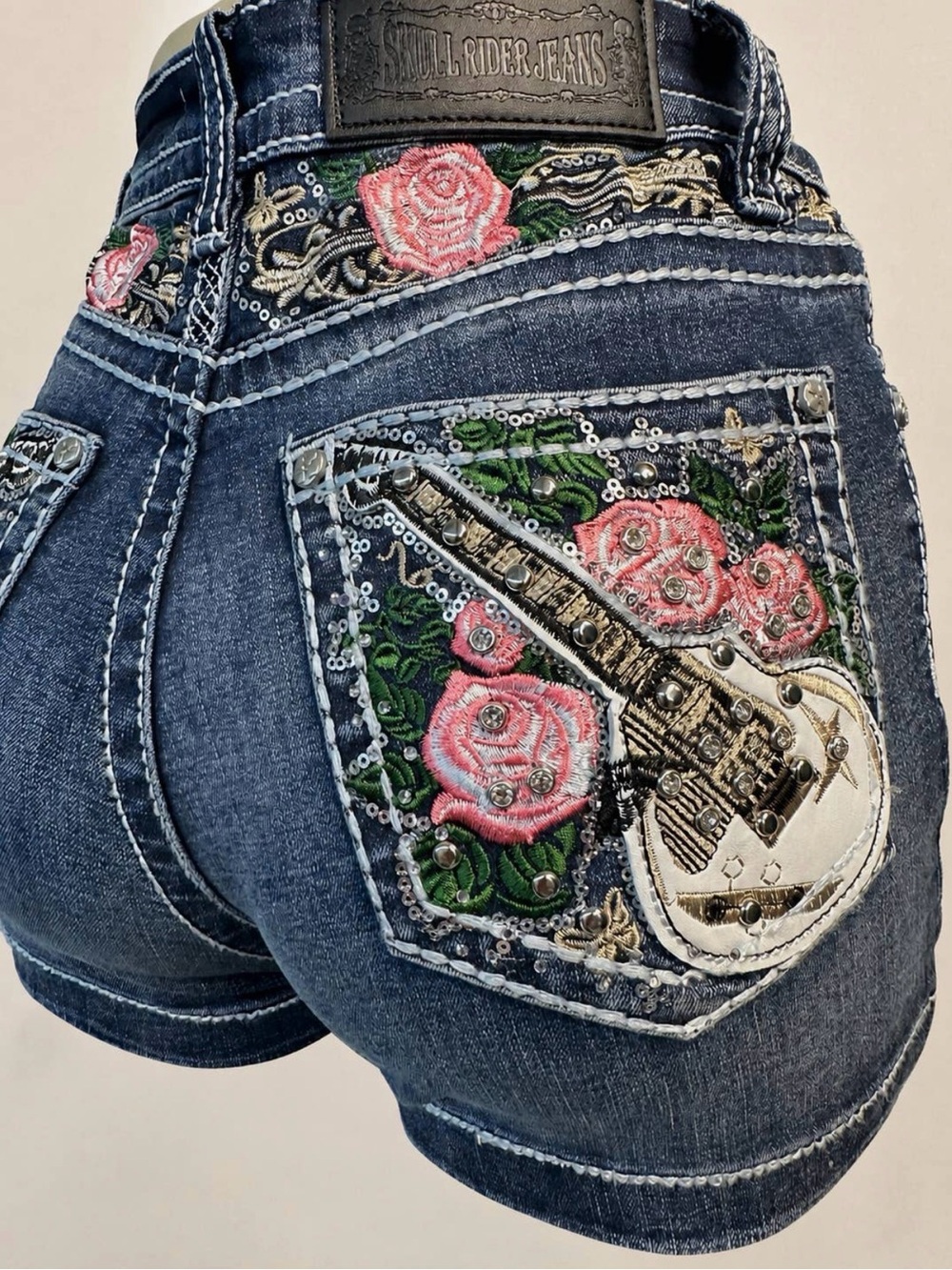 Skull Rider Embroidered Rose & Guitar Dark Blue Women’s Denim Shorts